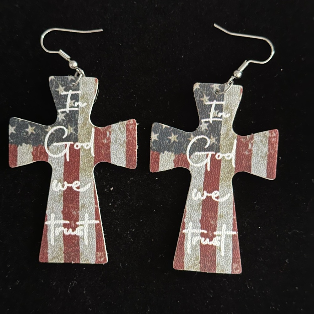 Patriotic Cross Earrings - "In God We Trust"